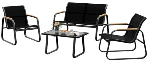 Aptliton 4-Piece Outdoor Patio Furniture Set for Garden, Balcony & Yard | Double Loveseat 2 Armchairs & Glass Coffee Table, Textilene Fabric, Weather-Resistant Steel Frame