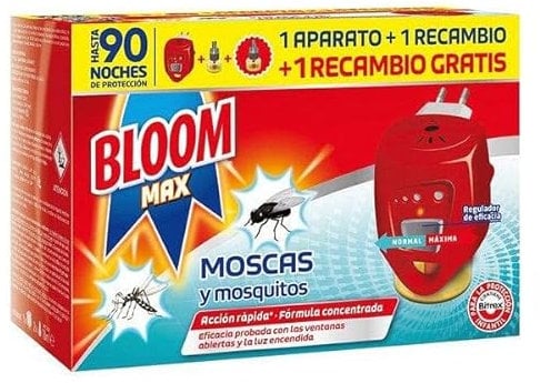 Bloom Max Insecticida Eléctrico Líquido, contra mosquitos común y tigre y moscas, 1 aparato + 2 recambios