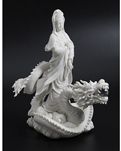 Top Collection Guan Yin Statue mit reitendem Drachen, 33 cm, hochwertiges Kunstharz, weißes Marmor-Finish, ostasiatische buddhistische Gottheit Göttin des Mitgefühls und der Barmherzigkeit