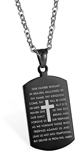 JewelryWe Herren Halskette Kreuz Erkennungsmarke: Edelstahl Englisch Bibel Herr Gebet Kruzifix Kreuz Vaterunser Dog Tag Hundemarke Anhänger mit 55cm Kette Schwarz, kostenlos Gravur