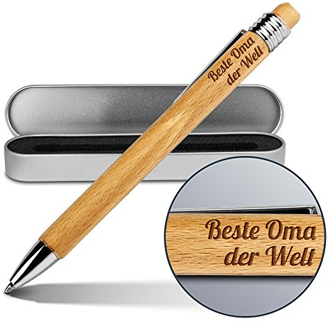printplanet Kugelschreiber mit Namen Beste Oma der Welt - Gravierter Holz-Kugelschreiber inkl. Metall-Geschenkdose