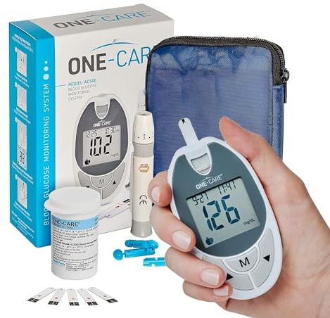 ONE-CARE Glucose Monitoring System with Glucometer, 10 Test Strips, Lancing Device, 10 Lancets, and Carrying Case -Blood Sugar Testing Kit for Diabetes Patients, Complete Diabetic Self-Testing Kit with Meter, Strips, and Lancets for fingerprick and capillary blood testing