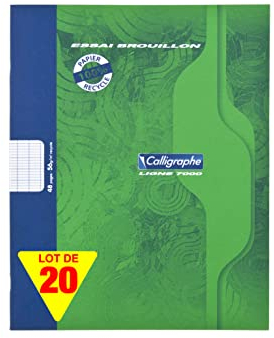 Calligraphe 2148C - Un paquet de 20 cahiers de brouillon (gamme 7000 de Clairefontaine) 48 pages 17x22 cm 56g grands carreaux 100% recyclé