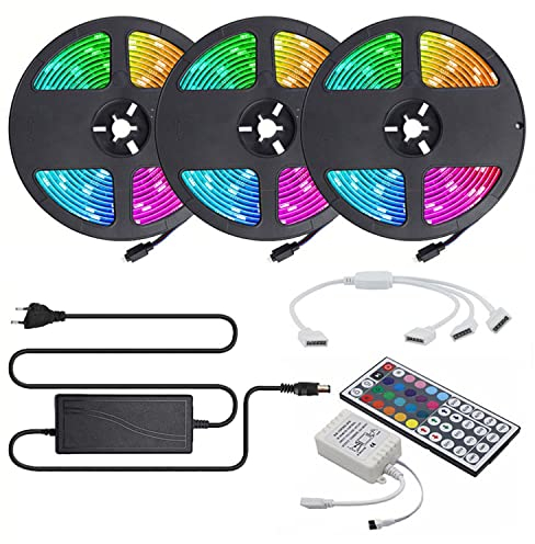 FOLGEMIR LED Streifen 15M (3x 5M), RGB LED Strip 5050 SMD 450 (3x 150) LED Band, LED Lichtband Wasserfest mit 44 Tasten Fernbedienung 12V Netzteil für Haus, Raum, Party, Hochzeit, Dekoration