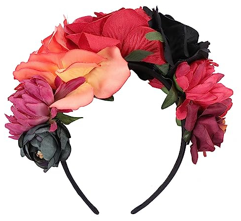 Rose Blumenkrone Girlande Halloween Stirnband Tag Der Toten Kopfbedeckung für Halloween Festival Party (Rot Schwarz)