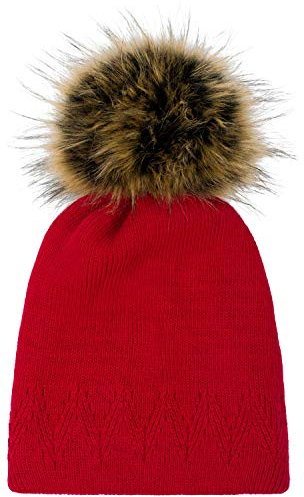 styleBREAKER Unisex warme einfarbige Strick Bommelmütze mit Zacken Muster, Abnehmbarer Kunstfellbommel, Winter Mütze 04024181, Farbe:Weinrot