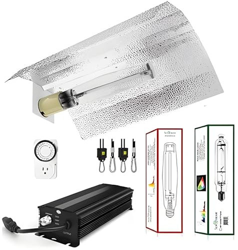SunStream Ballast 600w Hydroponic Grow Light Ballast Growing Light Bulb Plant Light Full Spectrum Digital Dimmable Ballast Wing Reflector Set with Timer