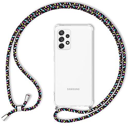 NALIA Handykette für Samsung Galaxy A72 - Hülle, Konfetti Schwarz | Crossbody oder kurz tragbar, Kordel ca. 1,60m mit Metall-Enden, 2 stabile Ringe am Gehäuserand, Air-Cushion Ecken