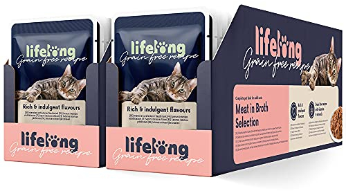 Amazon-Marke: Lifelong Getreidefreies Nassfutter für ausgewachsene Katzen Fleischauswahl in Brühe, 4.76 kg, 56 Packungen mit 85g
