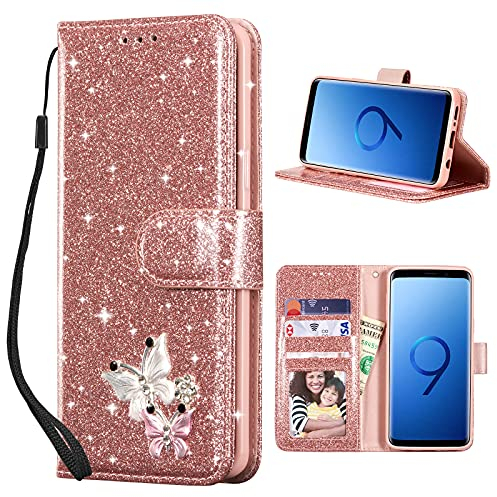 UEEBAI Klapphülle für Samsung Galaxy S9, PU Lederhülle Glitzer 3D Schmetterling Flip Cover Standfunktion mit Kartenfach Schutzhülle Diamant Glänzende Geldbörse Handschlaufe Etui - Roségold