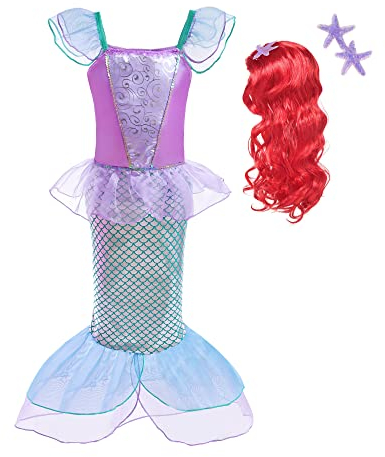 Lito Angels Meerjungfrau Prinzessin Arielle Kostüm Kleid Verkleidung mit Haar Perücke für Kleinkind Mädchen, Größe 4-5 Jahre 110, Lila