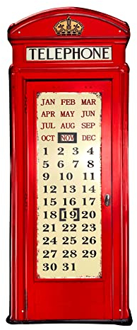 Crispe home & garden XXL Dauerkalender - Telefonzelle - 74 x 30 cm - 3D, geprägt, aus Metall, rostfrei, retro, Vintage-Design Wandkalender Kalender
