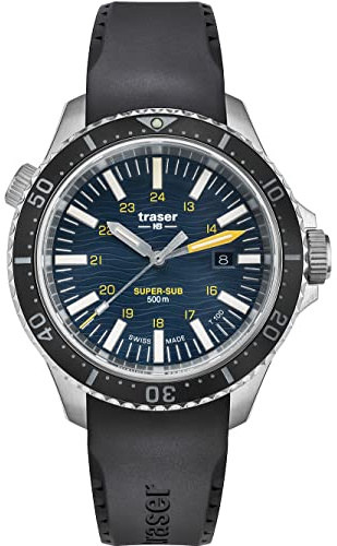 Traser Herren Armbanduhr in der Farbe Blau mit Armband aus Kautschuk Wasserdichtigkeit: 50bar, Gehäusedurchmesser: 46 mm, Art.Nr. 109371