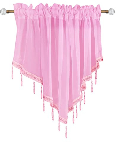 Yitexin Beaded Sheer Windows Valance 130 cm W x 60 cm L, Scalloped Kitchen Curtain, Bathroom Swag Sheer with Rod Pocket, Short Valance Drape for Bedroom Living Room (Light Pink)