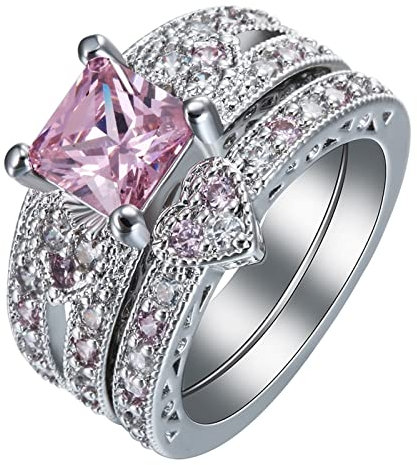 Aotiwe Ehering Frau, Stackable Rings 2 Ring Set Hohles Herz Viereckig Zirkonia Pink Silber Größe 60 (19.1)