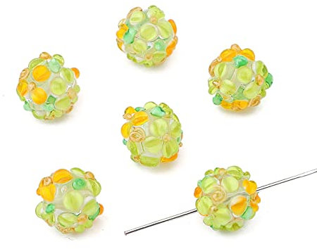 Lot de 5 perles en verre soufflé de 12 mm faites à la main avec fleur Vert clair pour fabrication de colliers, bracelets, bijoux Trou : 1 mm