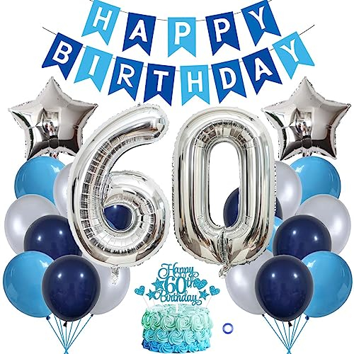 Jxuzh 60. Geburtstag Dekorationen Blau Silber - Deko für Männer und Frauen - Luftballons, Girlande, Kindergeburtstag Set - 60 Jahre Jubiläum