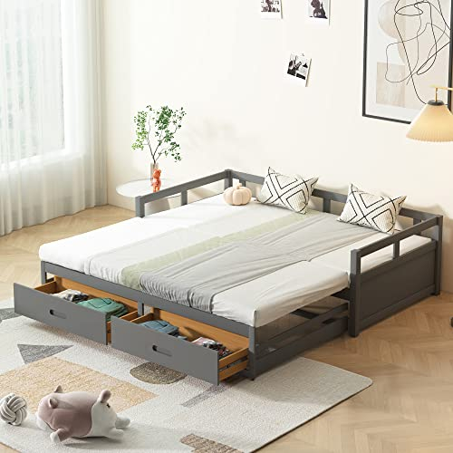 ZYLOYAL10 Ausziehbares Schlafsofa 90/180 * 200 cm mit Schubladen und Lattenrosten, Kiefernbett mit Stauraum (Grau)