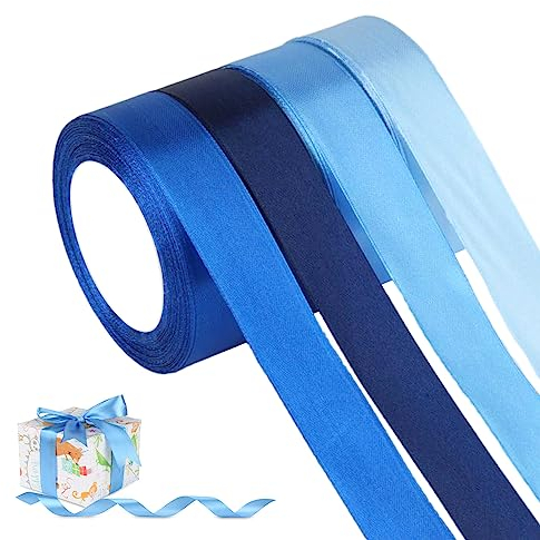 ZEFAN Geschenkband, 4 Rollen Satinband Blau - 88m x 25mm, Geschenkband Blau, Hochzeitsbänder, Dekoratives Band für Hochzeit, Geburtstag, Geschenk, Blume