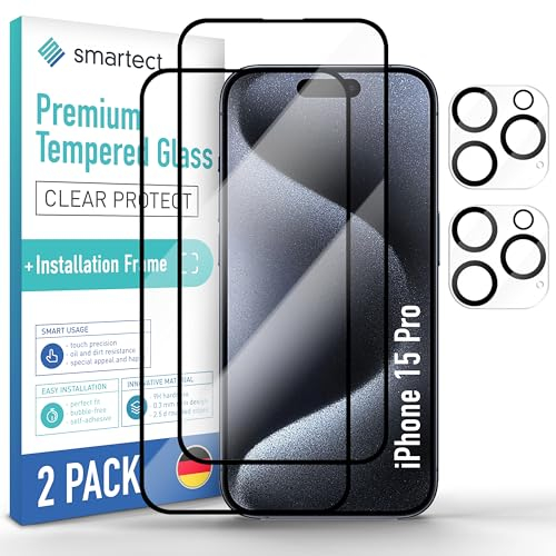 smartect Schutzglas [2 + 2 Stück, Full Screen] kompatibel mit iPhone 15 Pro, Display + Kamera, inkl. Positionierhilfe, HD Schutzfolie Anti-Kratzer, Blasenfrei, 9H Härte, 0.3 mm Ultra-klar
