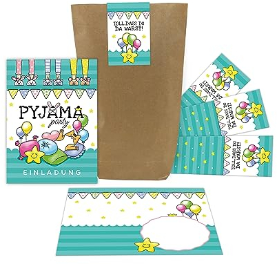 12 Einladungskarten zum Kindergeburtstag Einladungen zur Pyjama-Party Übernachtungsparty Lesenacht-Party incl. 12 Umschläge, 12 Tüten, 12 Aufkleber für Mädchen und Jungen