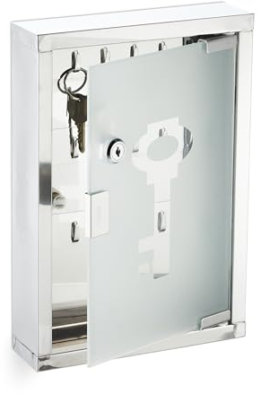 Relaxdays Schlüsselkasten abschließbar, Schlüsselschrank Wand, Glastür, Schlüsselbox Edelstahl, HBT: 32x22x6 cm, Silber