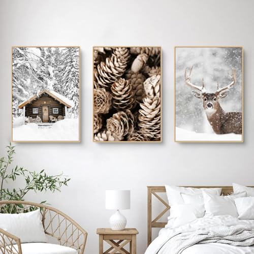 3er Poster Set Moderne Winter Bilder, Elch, Holzhaus Schneelandschaft, Leinwandbilder, Wandbilder Bilder Wohnzimmer Deko Schlafzimmer, Ohne Rahmen (B,30x40cm)