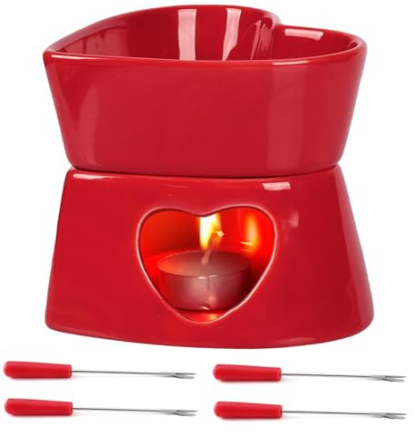 MONCAP Fonduta al Cioccolato Forma di Cuore Rosso Fonduta Formaggio in Ceramica Rosso da 320 ml con 4 Forchette Rosse Acciaio Inossidabile - per San Valentino