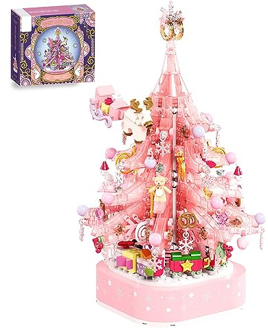JOMIOD Weihnachten Spieluhr Bausteine Bausatz, 675 Klemmbausteine Rosa Kristall Weihnachtsbaum Spieluhr Modellbausatz, Weihnachtsbaum DIY Bausteine Spieluhr für Erwachsene Kinder, Kompatibel mit Lgo