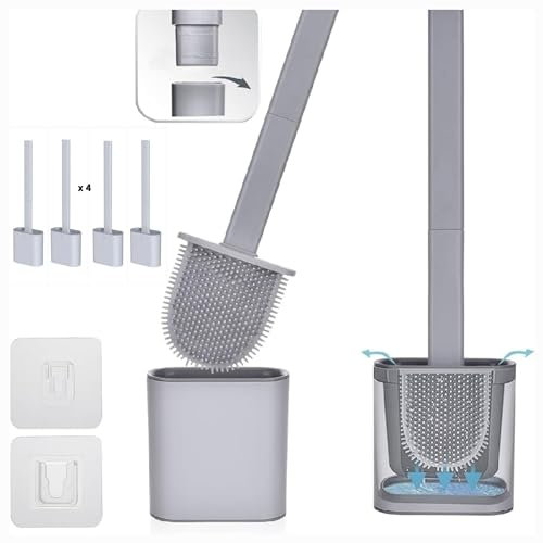 Revolutionary 4 Pack Grey Deep Clean Silicone Toilet Brush & Quick Dry Anti-drip Holder, Flexible No scratch Bathroom Brush