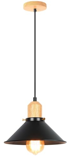 iDEGU Retro Suspension Luminaire Design Industriel Luminaire Plafonnier en Bois Métal E27 Lustre Suspension pour Chambre Salon Salle à Manger Cuisine Café Restaurant (Ø 22cm, Noir, Douille en Bois)