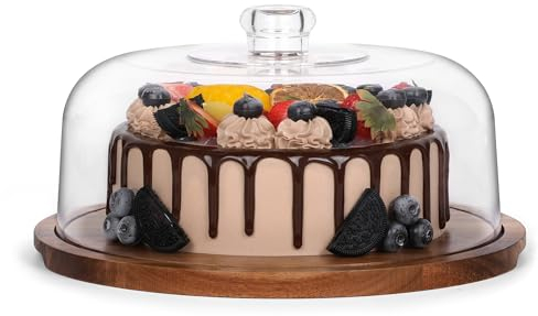 Bellsal Cake Stand with Clear Acrylic Dome Lid, Acacia Wood Cake Holder with Lid, Cake Plate with Lid for Baking Gifts, Cake Display Server Tray for Birthday Party Weddings
