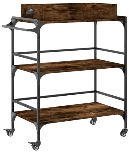 vidaXL Kitchen Trolley in Smoked Oak - Engineered Wood Storage Cart with Towel Rack, Lockable Wheels, and Ample Shelving, 81.5x41x92.5cm