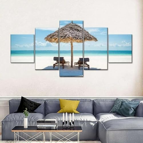 MOCHAMIK Leinwand Bilder 5 Teilig Liegestühle und Sonnenschirme Wandbilder Wohnzimmer Modern Bilder, Poster, Kunstdrucke Büro Flur Bad Küchebilder -Ungerahmt
