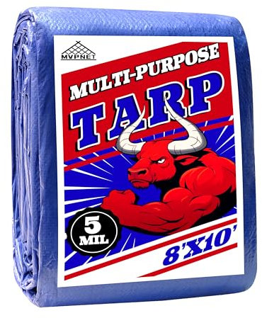 Lona de 8 x 10 pies, 100 % impermeable, resistente a los rayos UV, alta durabilidad, multiusos, lona azul de 5 mil para cubrir patios, coches, camping, jardines, nidos de mascotas MVPNET
