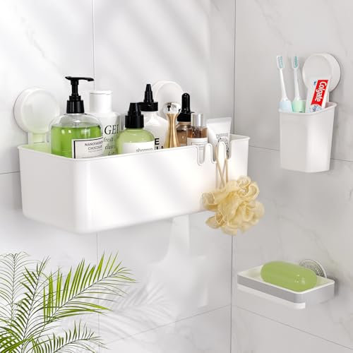 Luxear Étagère de Douche Ventouse avec Porte Savon & Porte Brosse à Dents Support Ventouse sans Perçage Salle de Bain Panier Rangement pour Bouteilles de Shampoing Gel, Porte Savon Douche - Blanc