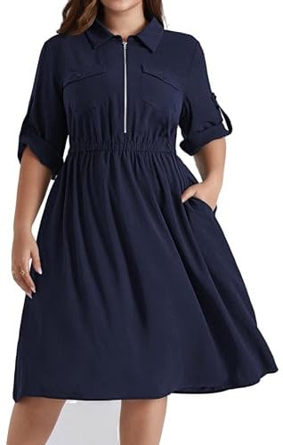 Hanna Nikole Women's Plus Size A Line V-Neck Lapel Midi Dresses Adjustable 3/4 Sleeve Casual Dress Elastic Waist Casual Dresses with Pockets Dark Blue 22
