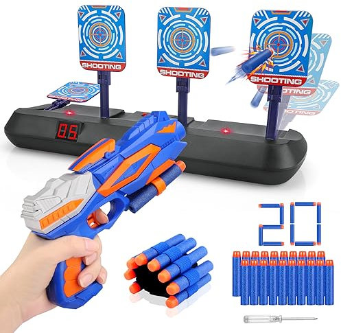Zhcuves Cible Electrique de Tir pour Nerf avec Pistolet, Cible Automatique avec 20 Flechette Jouet Gun Enfant Garçon Fille 3 4 5 6 7 8 9 10 Ans Cadeau Anniversaire Noel Paques Jeux Extérieur