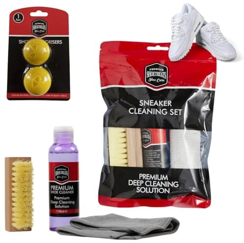 Kevagh Shoe Care - Sneaker Trainer Cleaning Set Bundle - Includes 1 x 118ml Premium Deep Cleaning Solution - 1 x Microfibre Cloth, 1 x Brush 2 x Deodourising Balls