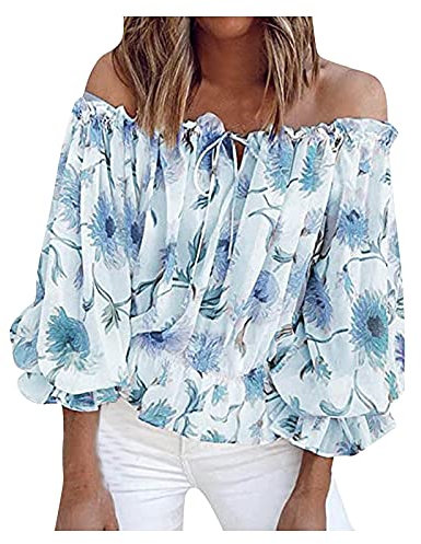 Keepink Off The Shoulder Tops for Women UK Sexy Floral Print Tops Oversized Batwing 3/4 Sleeve Blouses Casual Ruffles Tie-Up Chiffon Blouse Elegant Flowy Tunic Shirts Party Wedding