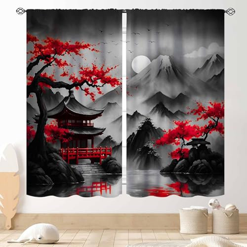 Kirschblütenvorhänge, japanische traditionelle Tuschemalerei, rote Blume, Pflaumenblüte, asiatisch, orientalisch, Natur, Berge, Landschaft, Fenstervorhänge, Behandlungen für Schlafzimmer, Wohnzimmer,