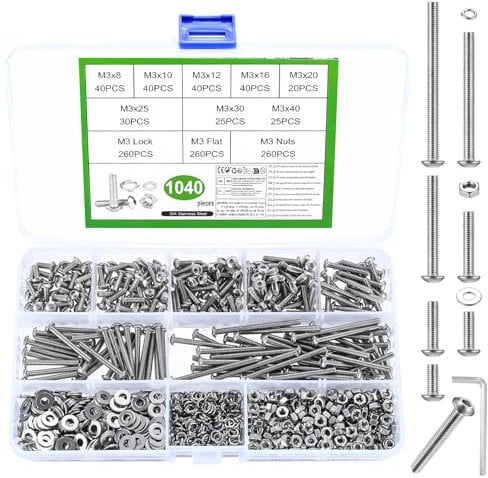 1040 Pcs M3 Screws Set, M3 Bolts and Nuts Set, Assorted Nuts and Bolts Set, Hex Socket Head Cap Screws Bolts and Nuts Set with Washers Set, Pan Head Round Machine Assortment Kit