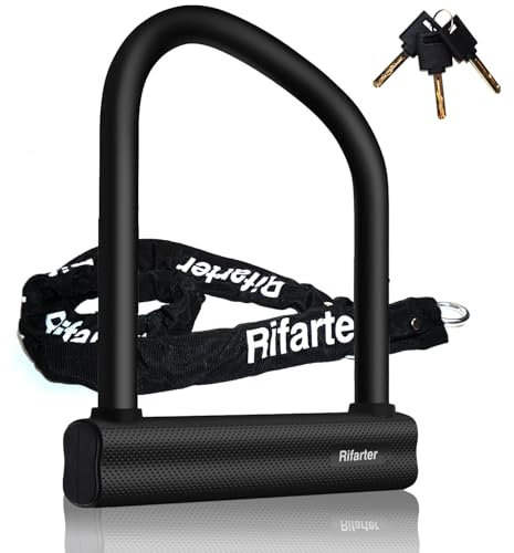 Rifarter Bike Locks Heavy Duty Anti Theft, 18mm Thick Motorcycle Wheel U Lock with 6mm x 4FT Chain, Large U Shaped Motorcycle Chain Lock with 3 Keys for Bicycles, Mopeds, Scooter, Ebike, Fat-Tire