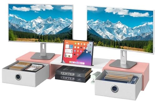 OYRREU BildschirmerhöHung 2 Monitore, 92cm Monitorständer mit Schublade, Monitor Erhöhung Schreibtisch Monitor Stand Holz Monitor Riser TV PC Ständer MonitorerhöHung 2 Monitore (Weiß&Rosa)