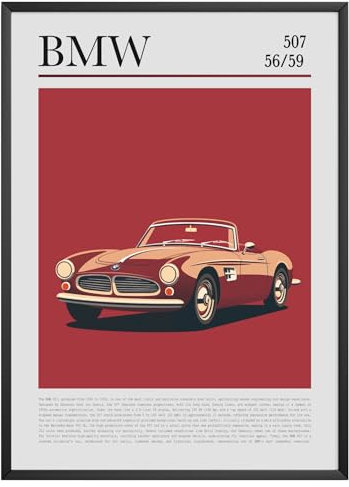 MJ-GRAPHICS® Poster BMW 507 56/59 Poster Oltimer Bild Klassiker Auto Bild Kunstdruck Wohnzimmer Wandbild Oldtimer Sportwagen Geschenk für BMW Fans Retro – A4 Ohne Rahmen