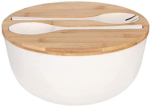 Insalatiera con set di posate – Insalatiera grande in solido solido con coperchio, ciotola, cucchiaio, bianco