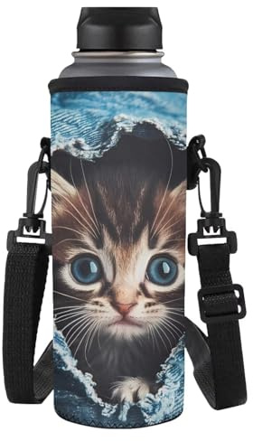 Yspwyqan Cute Cat Water Bottle Holder with Soft Shoulder Strap Water Bottle Bag Water Bottle Bag for Sports Gym Hiking Camping Cycling Commuting Polyester