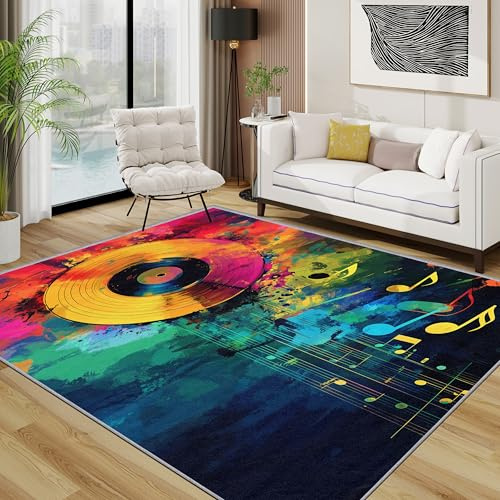 TerroVee CD Teppich Wohnzimmer 160x230 cm, Musiknote Bunt Schallplatte Teppiche, Disc Musik Waschbar Kurzflor Groß Teppiche Für Schlafzimmer Kinderzimmer, Gelb Blau Rot