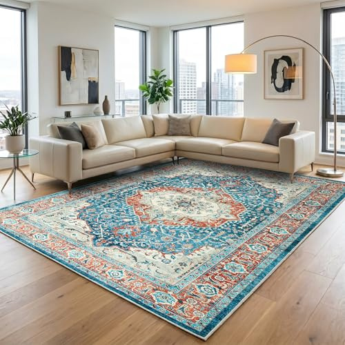 Aspire Homeware Machine Washable Orange Teal Rugs Living Room 120 x 170 cm Large Short Pile Area Rugs for Bedroom Dining Room, Non Slip Carpet for Kids Room Soft Vintage Design Boho Rug, Regal