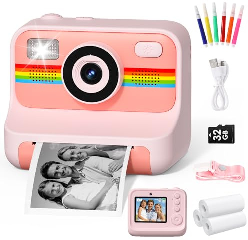 LIORQUE Macchina Fotografica Bambini Istantanea, 1080p, 32GB, Rosa | Video 48MP, LCD 2.4, Filtri Giochi, 3 Carte Termiche, Pennarelli Adesivi, Batteria Lunga, 3-10 Anni
